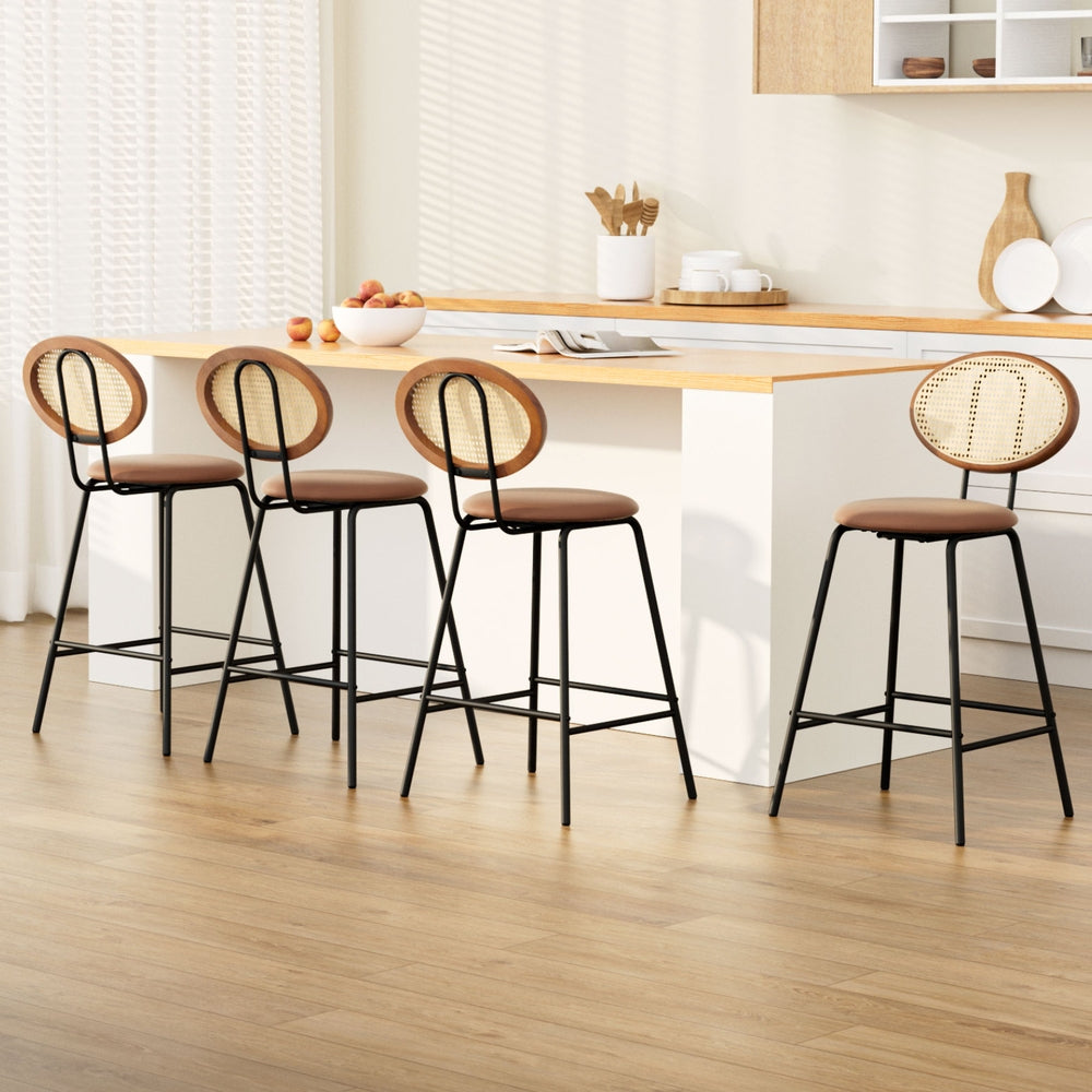 Set of 4 Raye Rattan Bar Stools - Brown