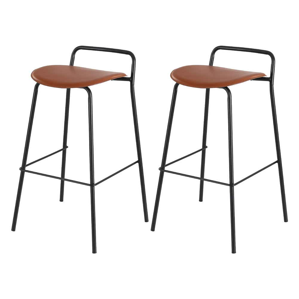 Set of 2 Tavian PU Leather Bar Stools – Brown & Black