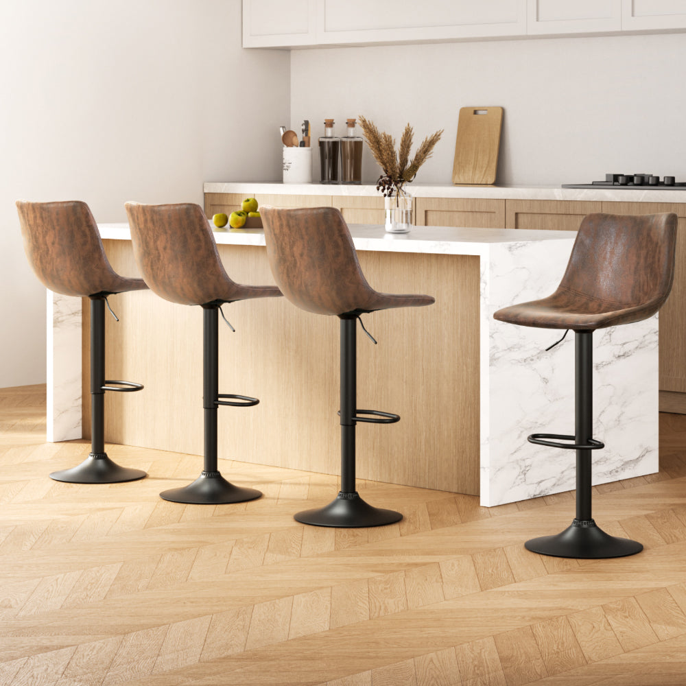 Set of 4 Marek Vintage PU Leather Swivel Bar Stools – Brown