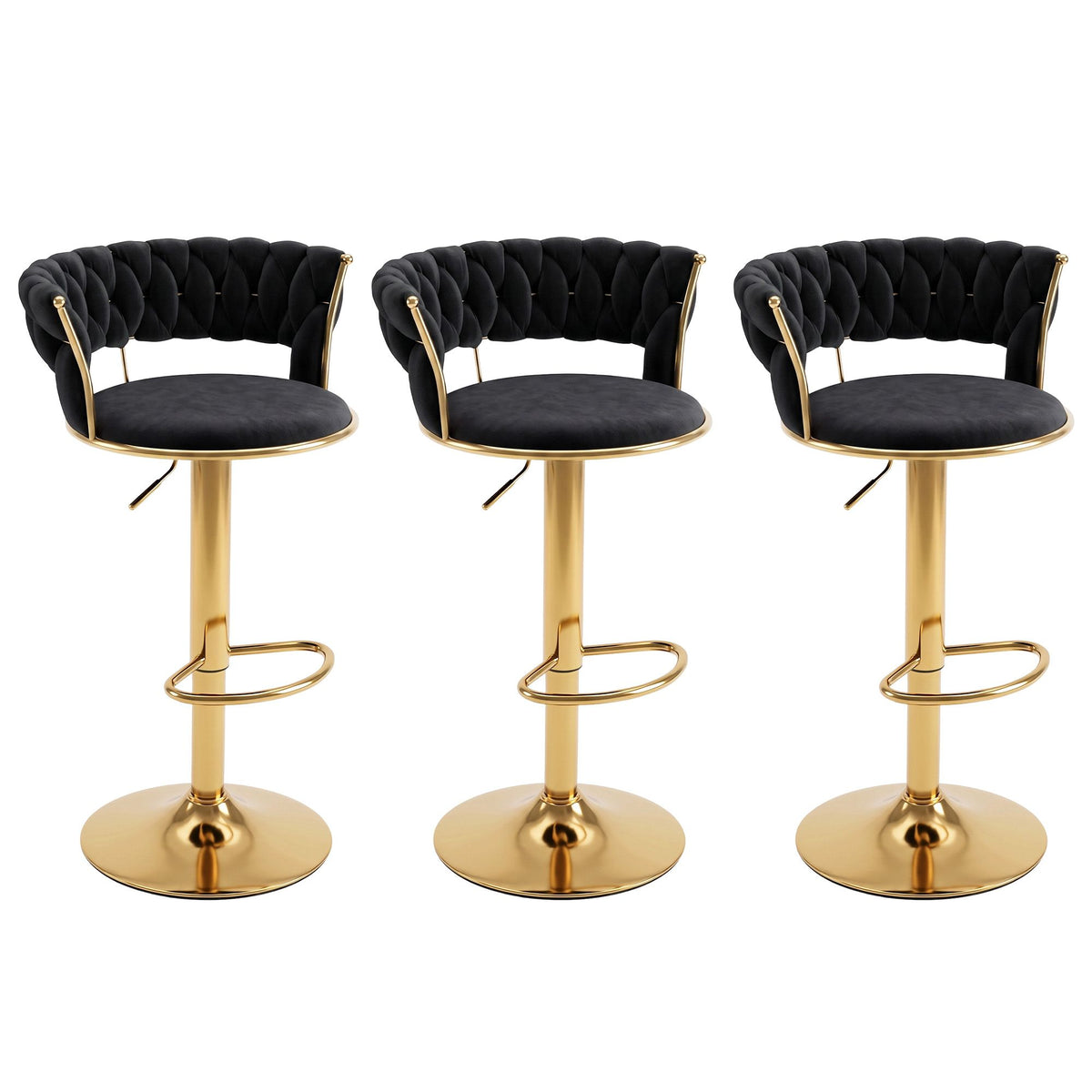 Set of 3 Vivien Adjustable Velvet Bar Stools with Woven Backrest - Black