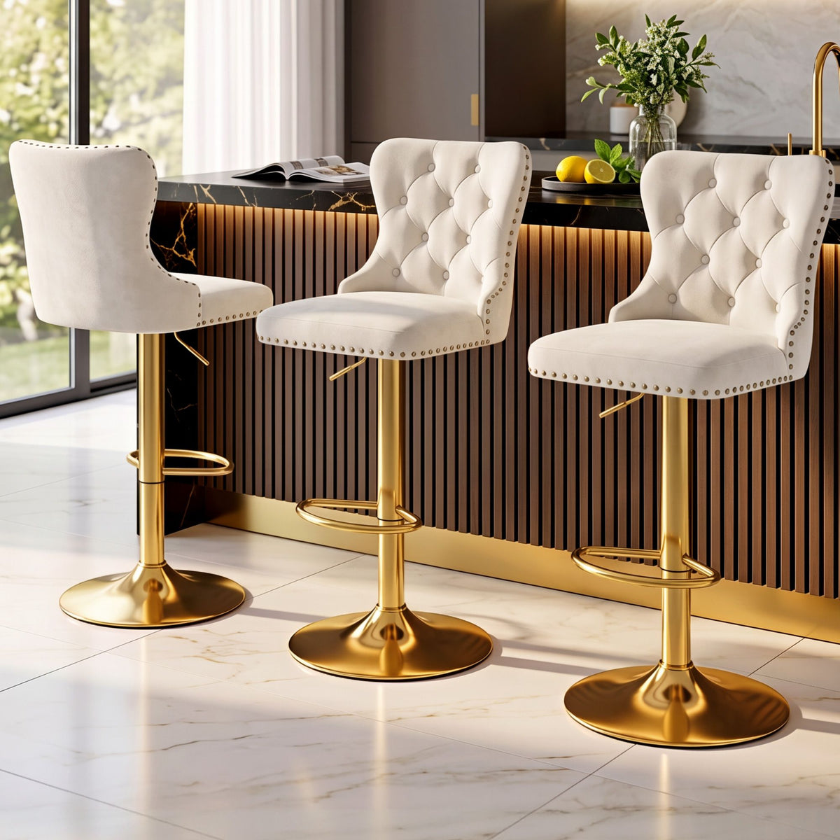 Set of 3 Adjustable Velvet Bar Stools with Nailhead Trim - Ivory