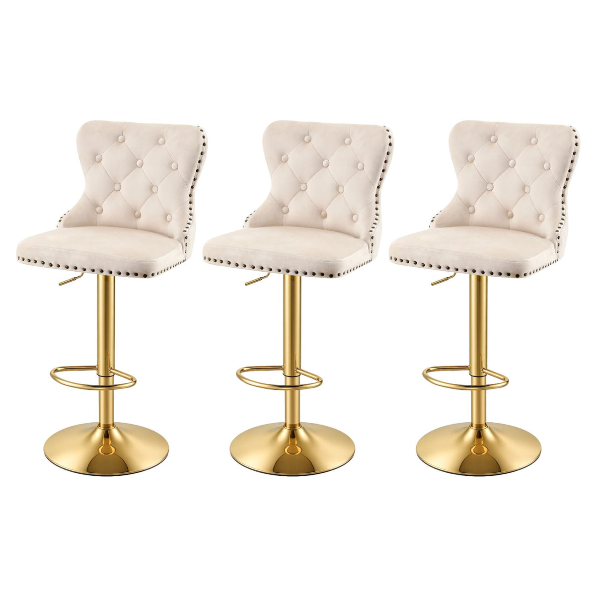 Set of 3 Adjustable Velvet Bar Stools with Nailhead Trim - Ivory