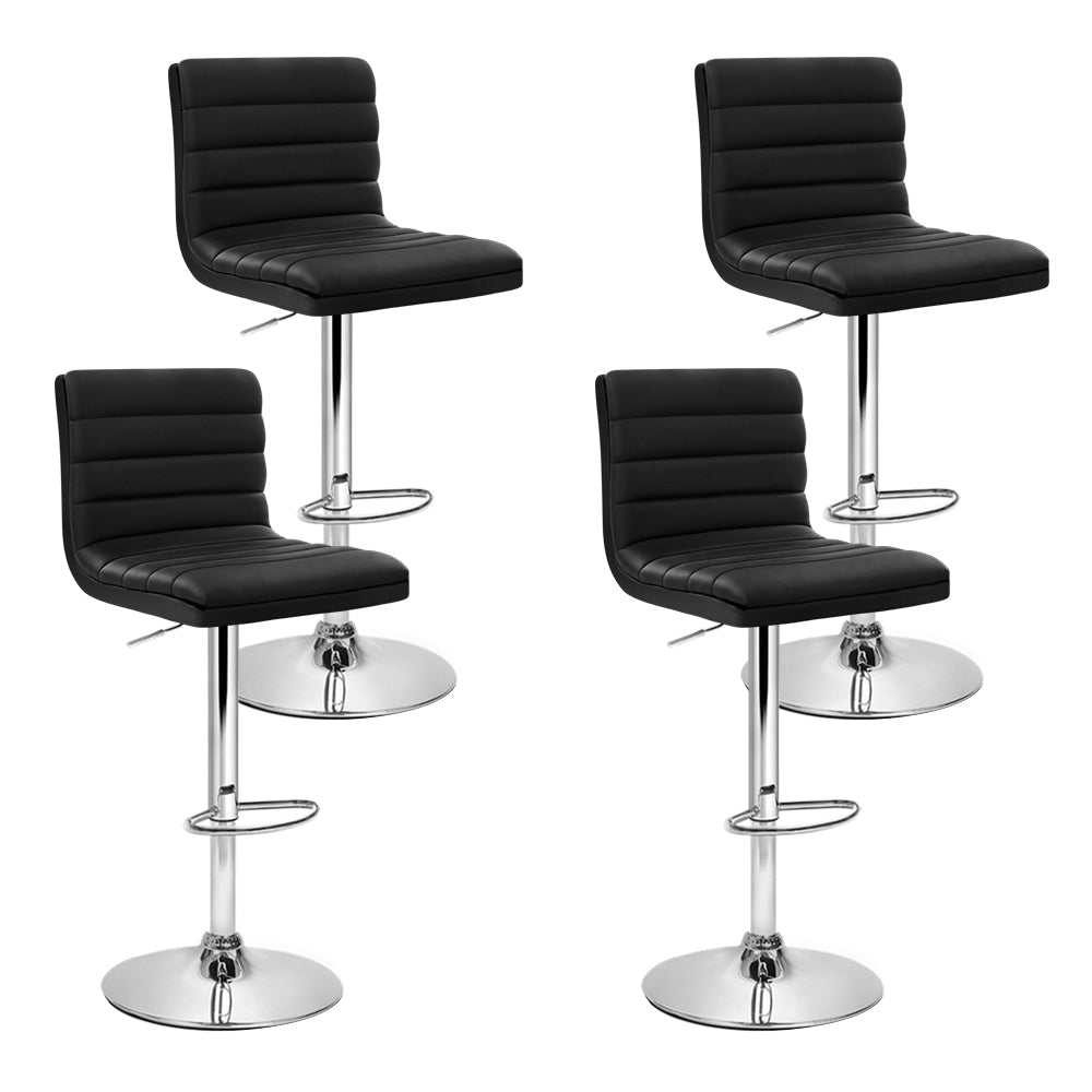 Set of 4 PU Leather Lined Pattern Bar Stools- Black and Chrome