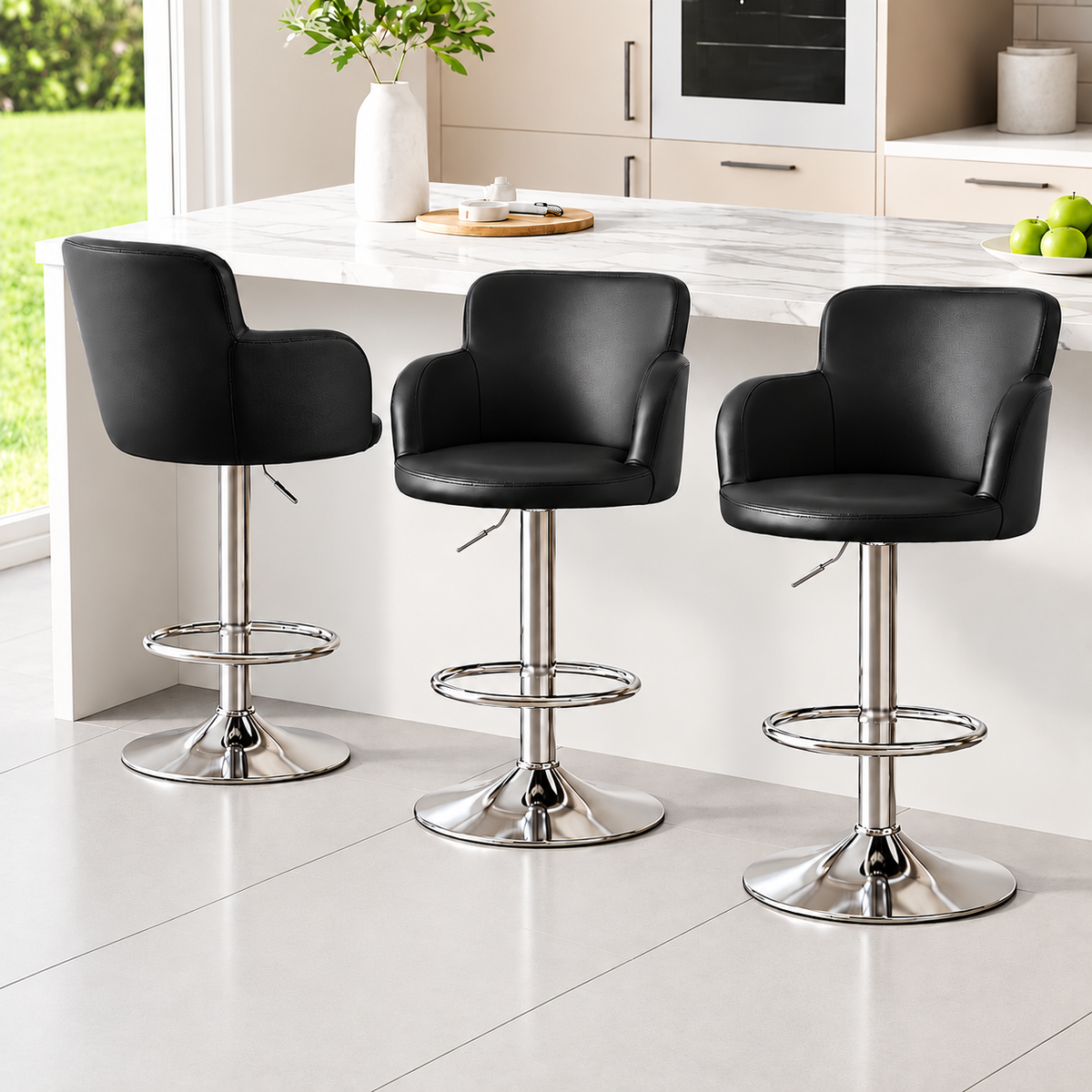 Set of 3 Adjustable Swivel Bar Stools with PU Leather Backrest - Black