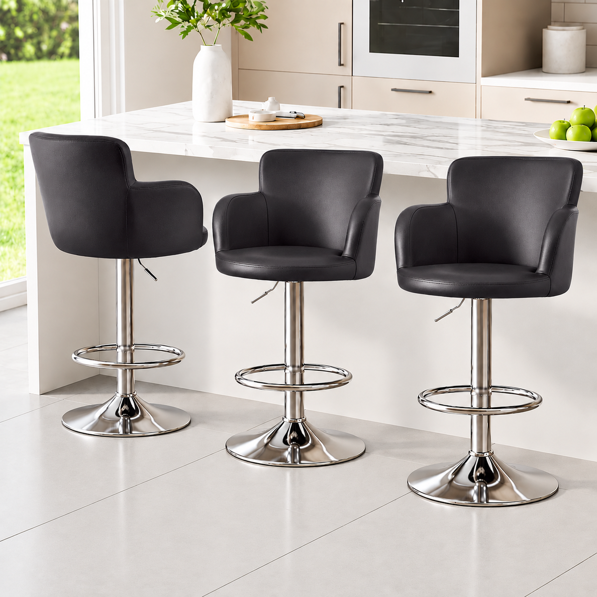 Set of 3 Swivel Adjustable Bar Stools with PU Leather Tub Chairs - Brown