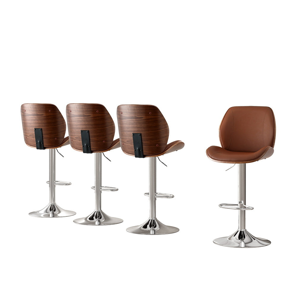 Set of 4 Lorien Adjustable Bentwood Leather Bar Stools - Brown