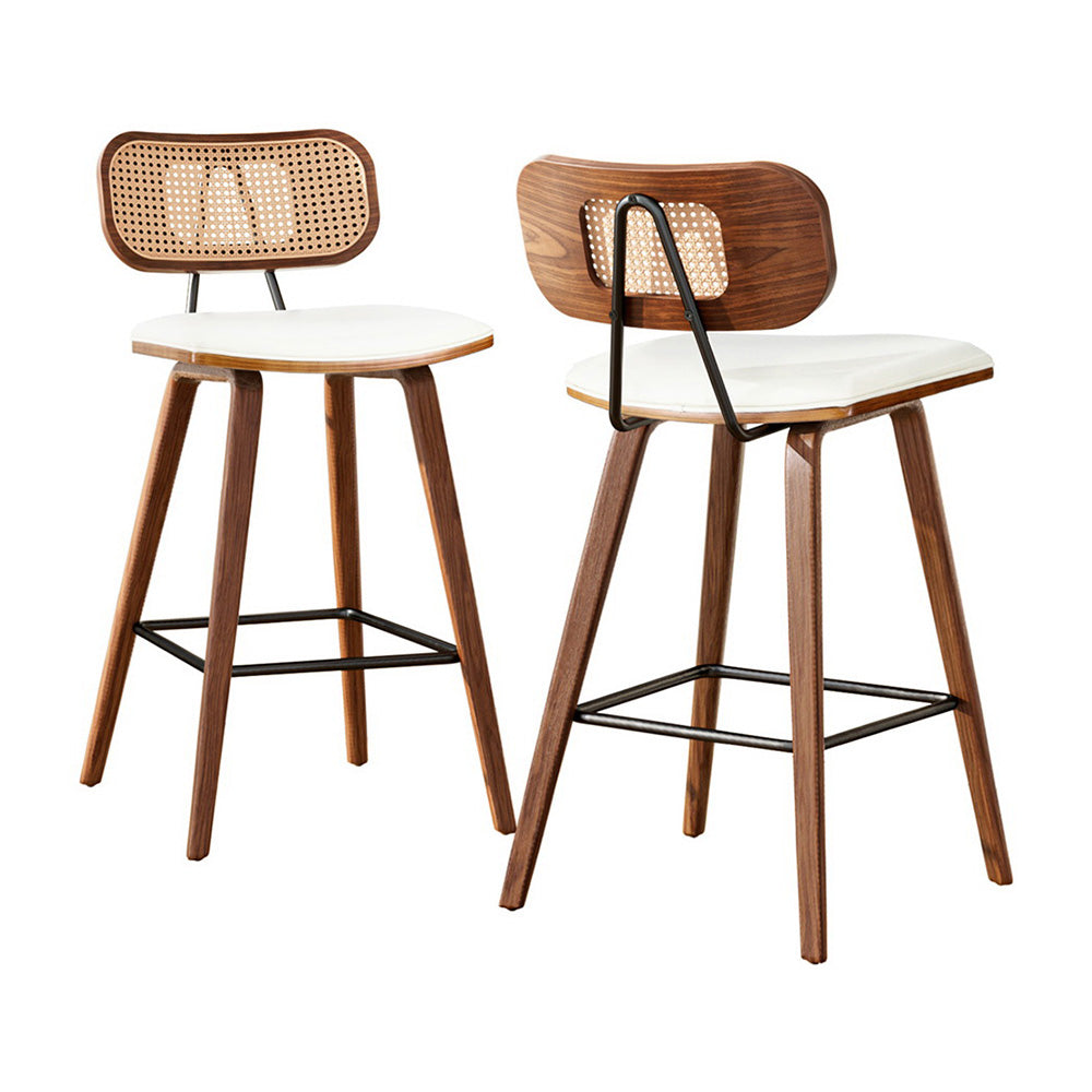 Set of 2 Coralie Rattan Back Bar Stools – Beige & Walnut