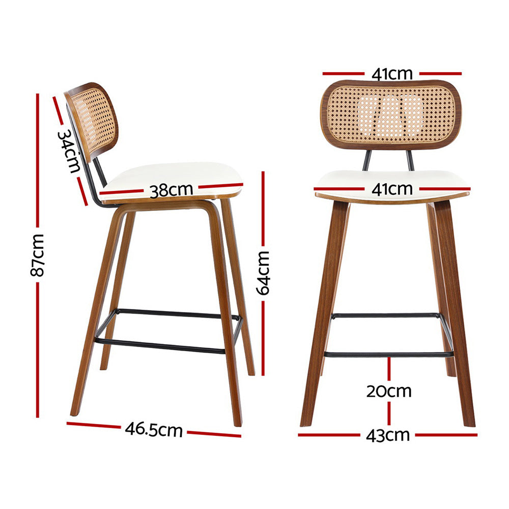 Set of 2 Coralie Rattan Back Bar Stools – Beige & Walnut