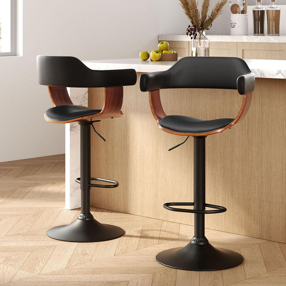 Set of 2 Flynn Wooden Gas Lift Bar Stools With Armrest - Black