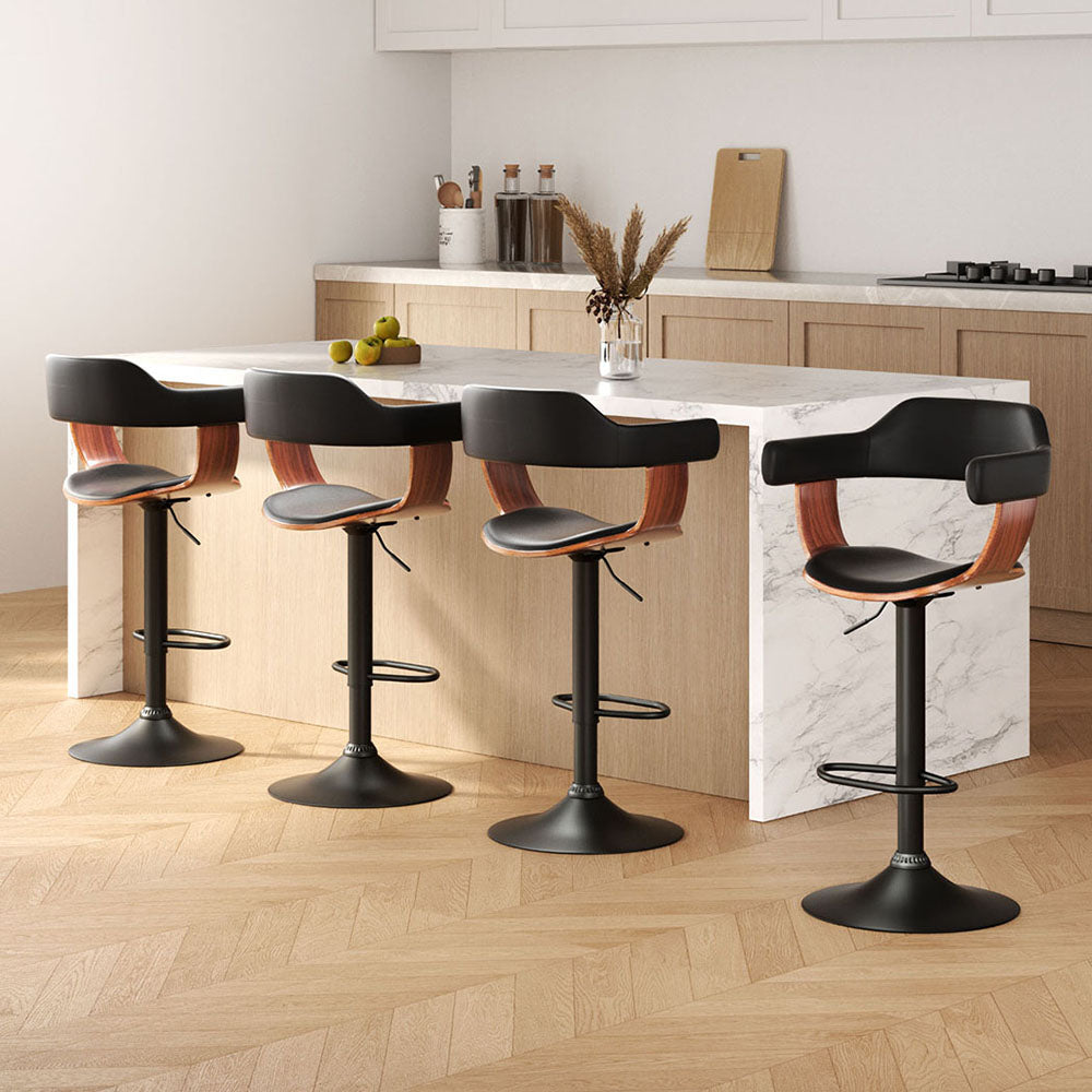 Set of 4 Flynn Wooden Gas Lift Bar Stools With Armrest - Black