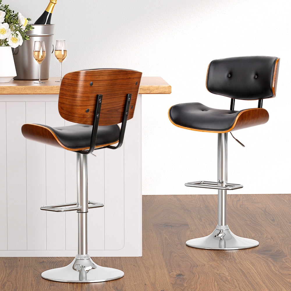 Set of 4 Hailey Wood and Leather Gas Lift Bar Stools Black and Chrome