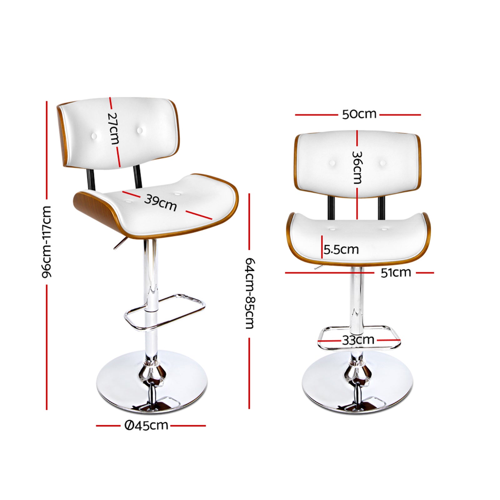Set of 2 Hailey Wood and Leather Gas Lift Bar Stools White and Chrome