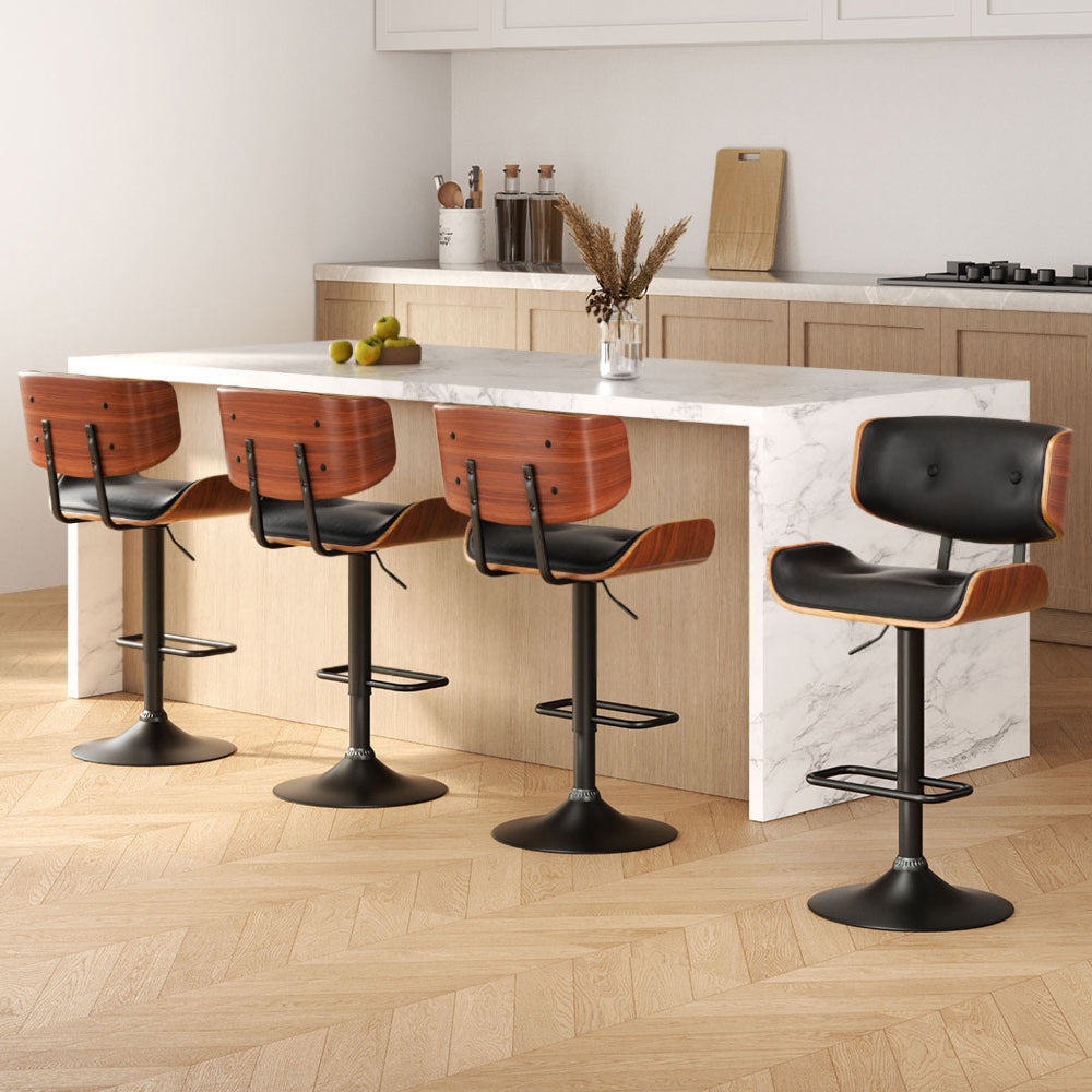 Set of 4 Harper Wood and Leather Gas Lift Bar Stools Black