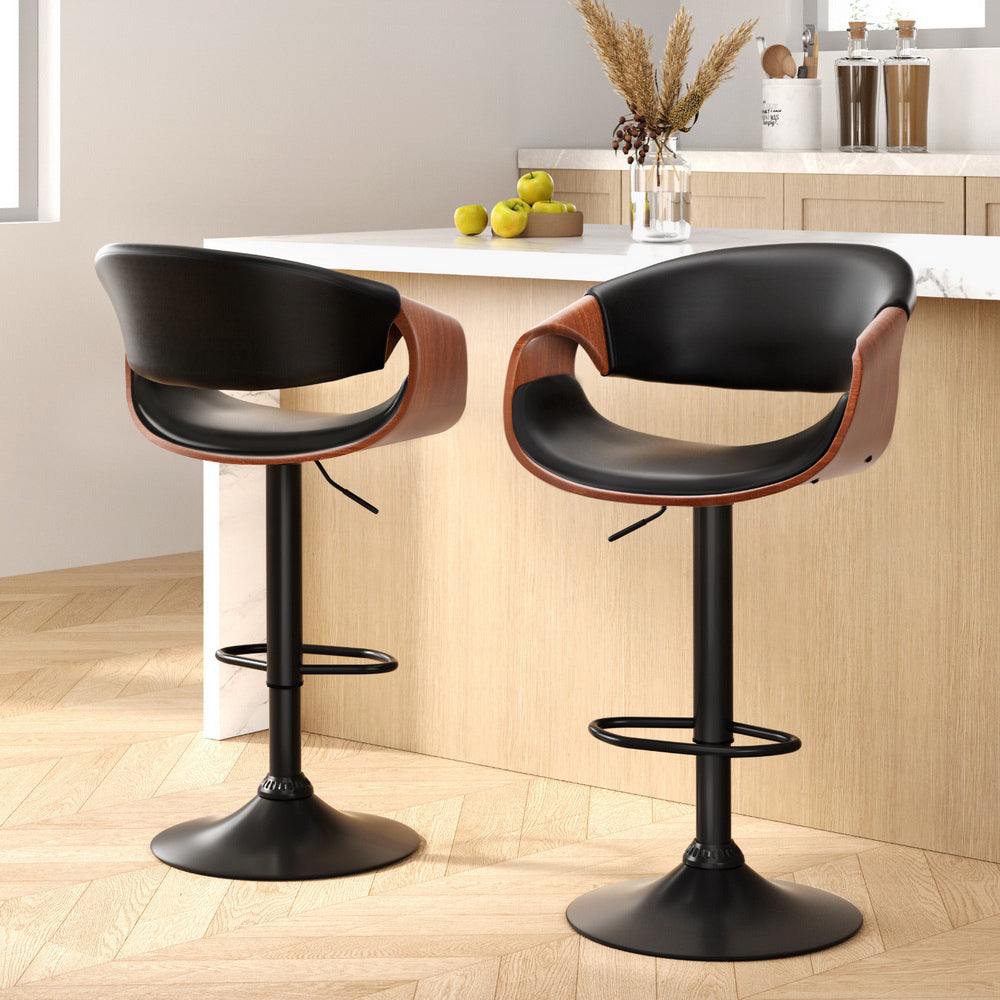 Set of 2 Landon Wood and Leather Gas Lift Bar Stools Black