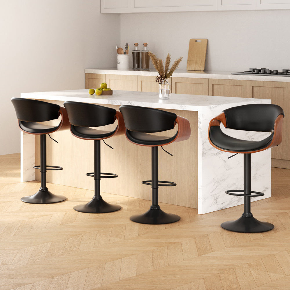 Set of 4 Landon Wood and Leather Gas Lift Bar Stools Black