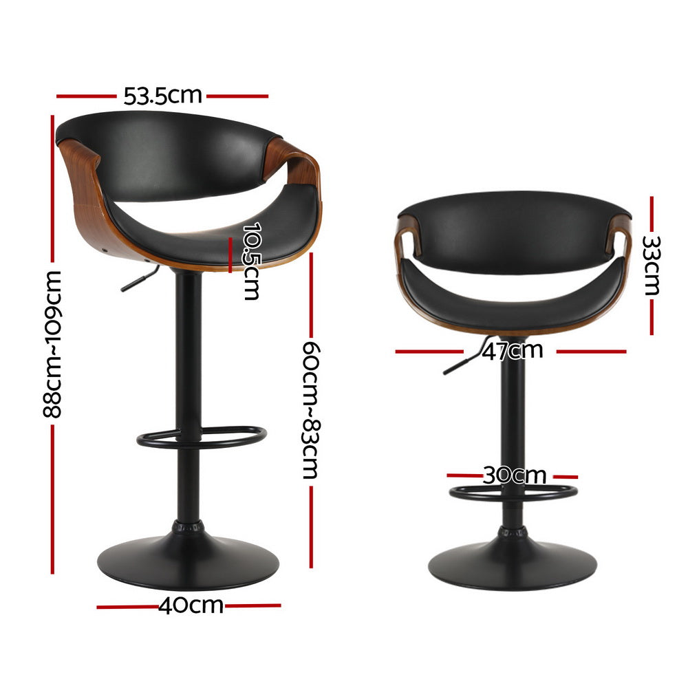 Set of 4 Landon Wood and Leather Gas Lift Bar Stools Black