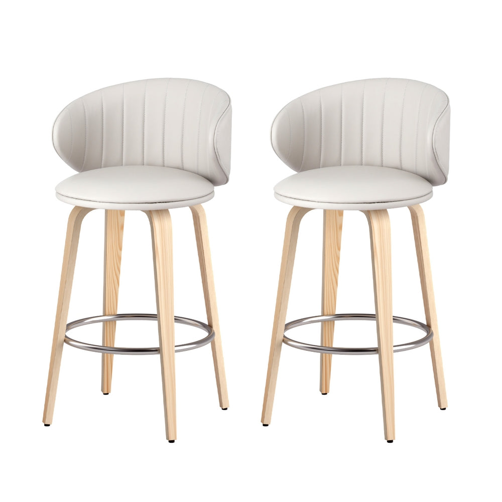 Set of 2 Luella Bar Stools – Beige Leather & Wood Finish (65cm Seat Height)