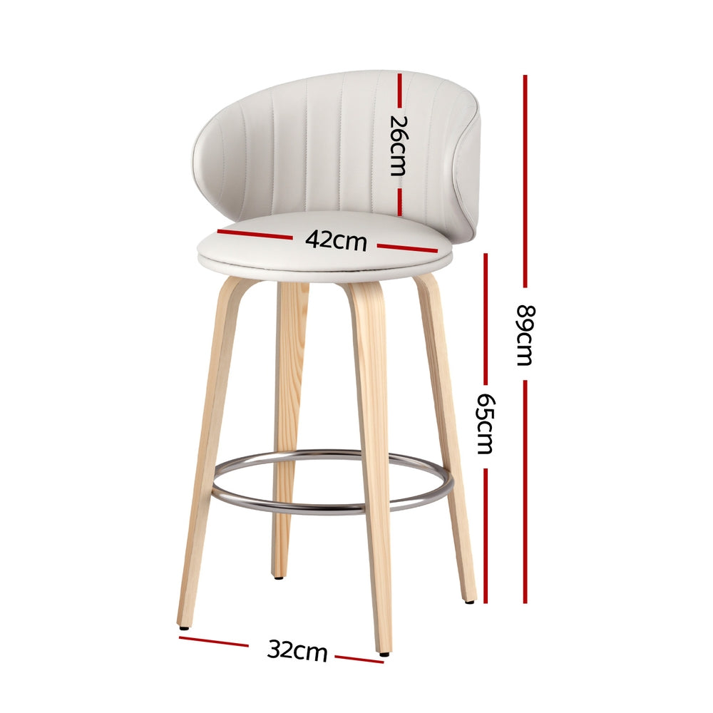 Set of 4 Luella Bar Stools – Beige Leather & Wood Finish (65cm Seat Height)