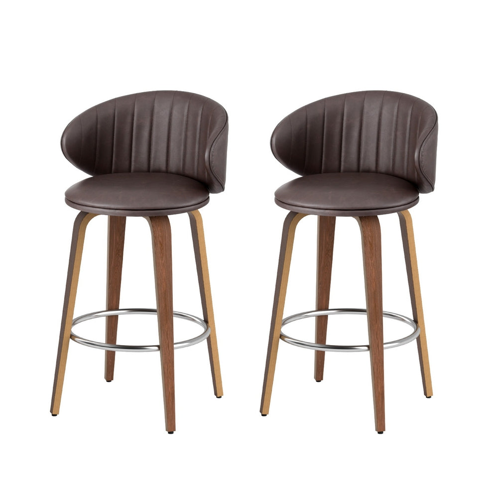 Set of 2 Luella Bar Stools – Brown PU Leather & Walnut Wood Finish (65cm Seat Height)