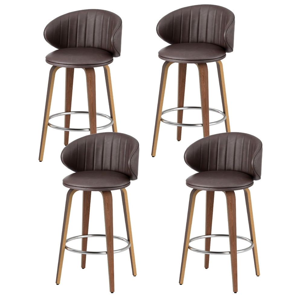 Set of 4 Luella Bar Stools – Brown Leather & Walnut Wood Finish (65cm Seat Height)