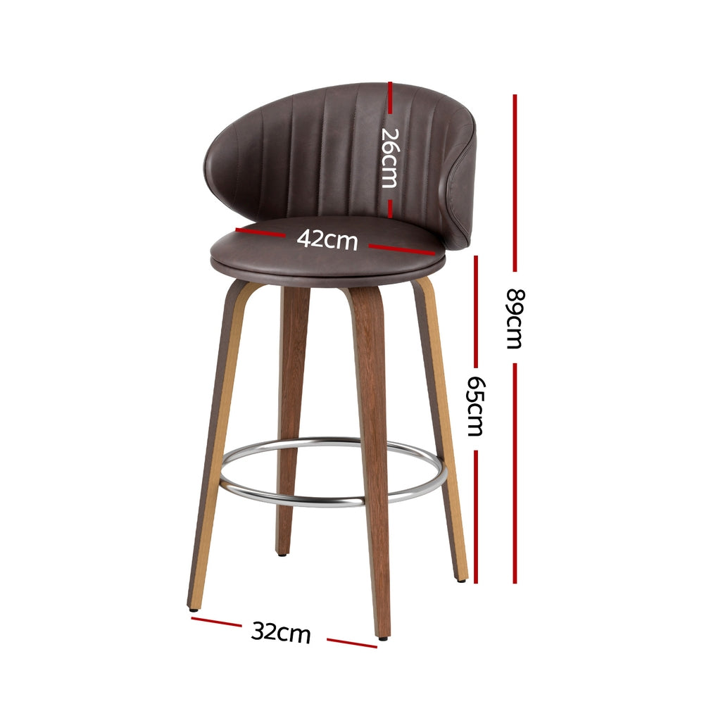 Set of 4 Luella Bar Stools – Brown Leather & Walnut Wood Finish (65cm Seat Height)