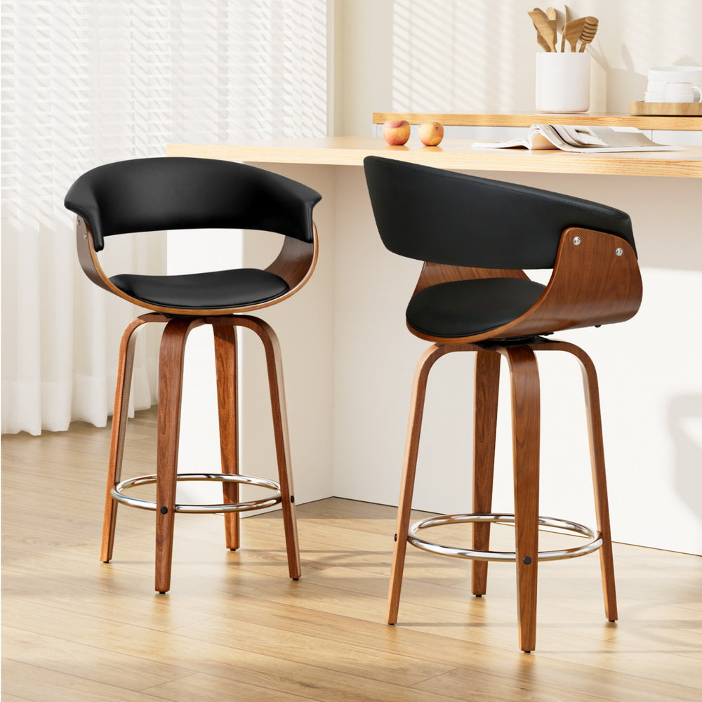 Set of 2 Lawson Wood and Leather Swivel Bar Stools Black