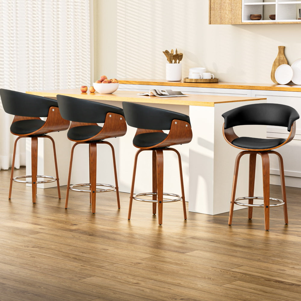 Set of 4 Lawson Wood and Leather Swivel Bar Stools Black