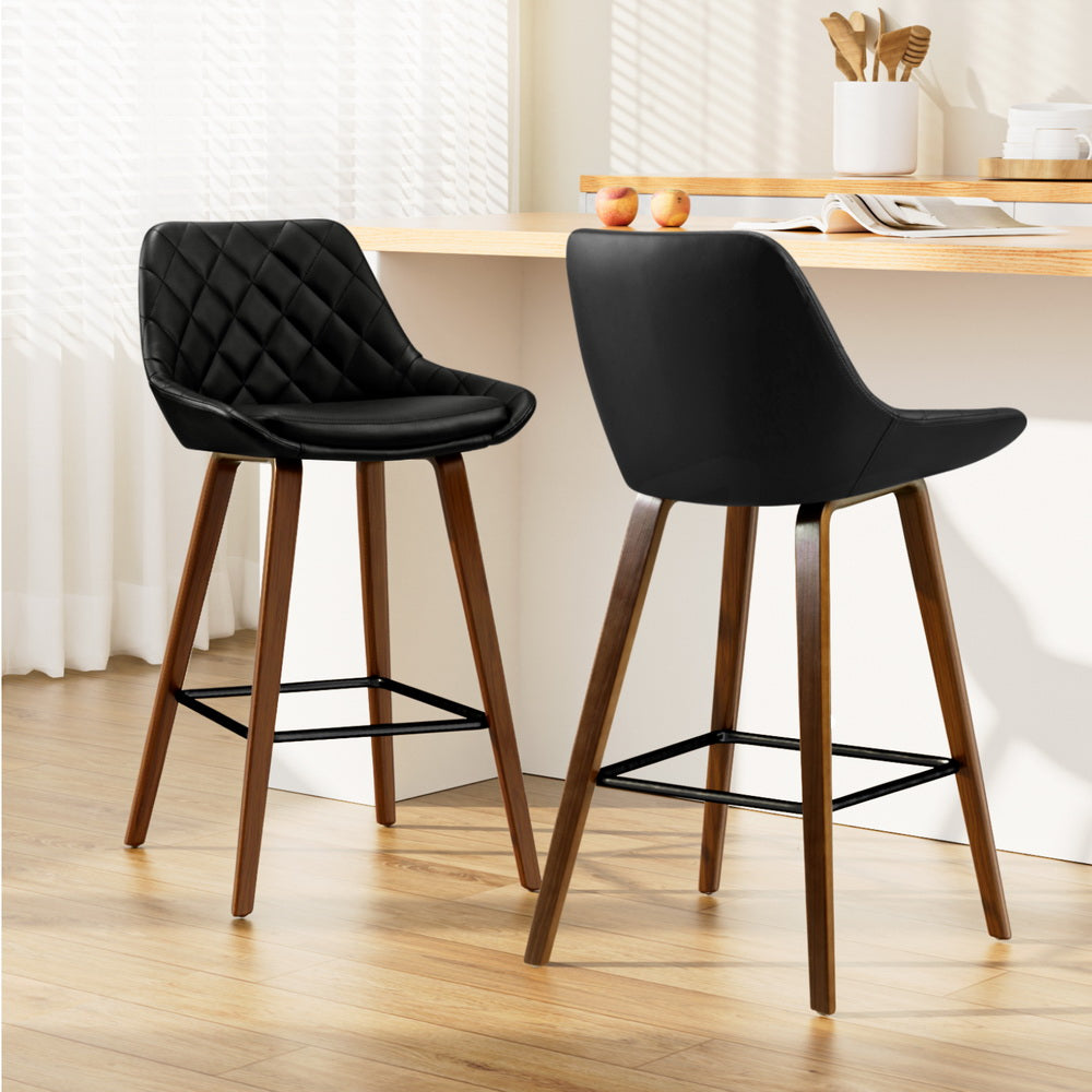 Set of 2 Sebastian Bar Stools Bentwood PU Leather Diamond Pleat - Black