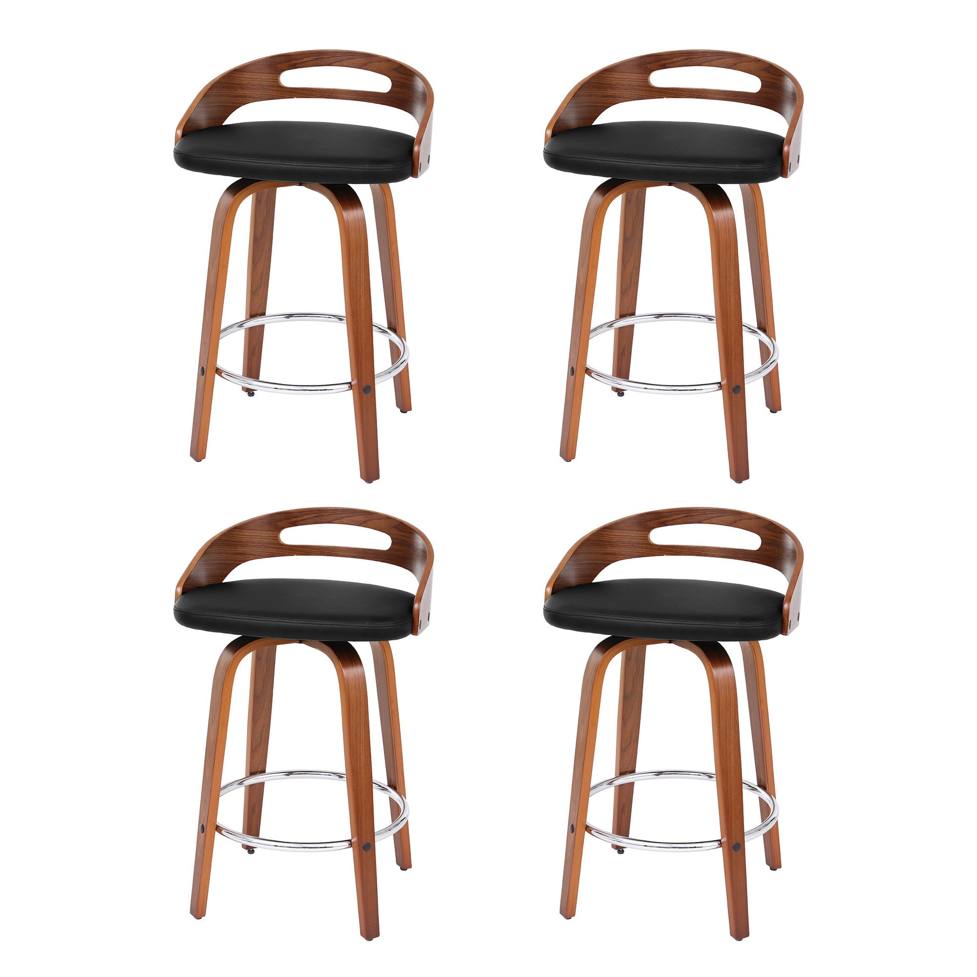 Set of 4 Swivel Bar Stools Low Back PU Cushion Counter Chairs - Black