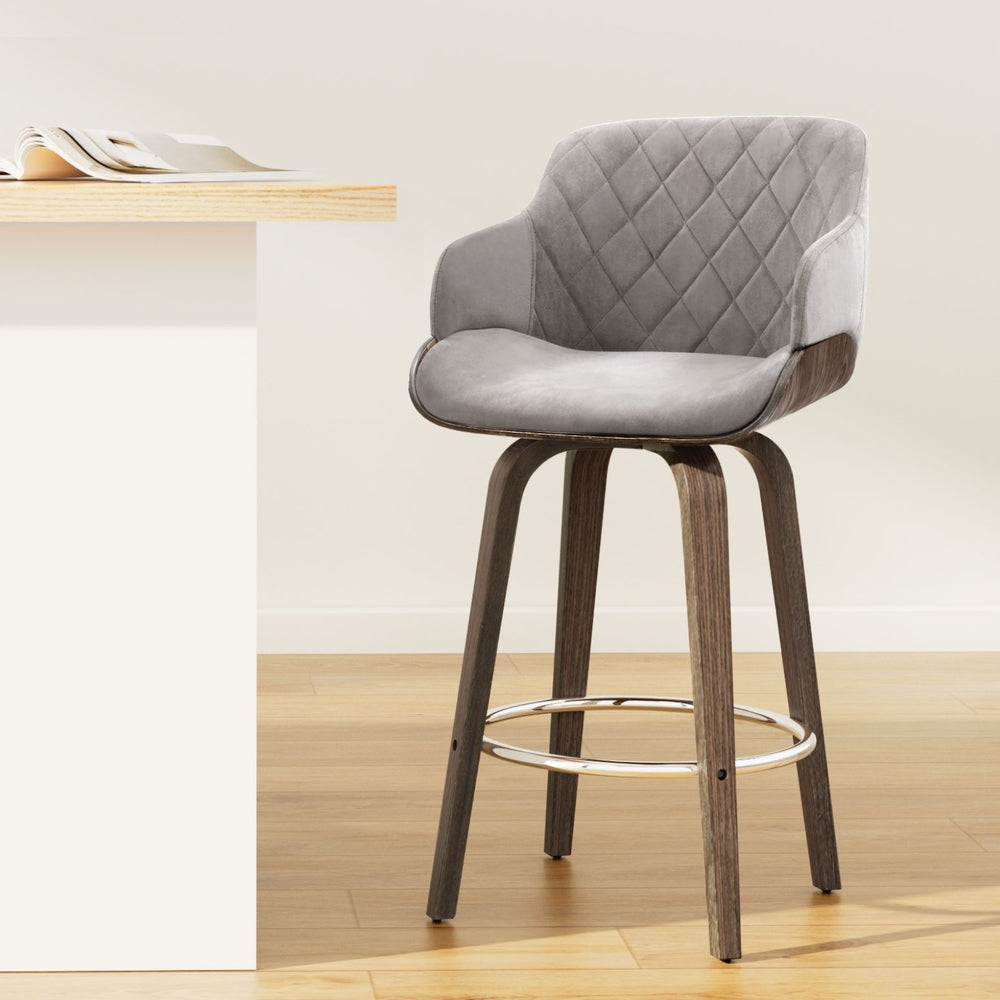 Evonne Wooden Swivel Bar Stool Grey Velvet