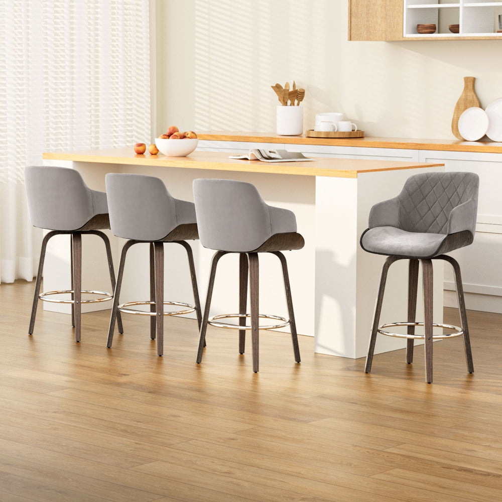 Set of 4 Evonne Wooden Swivel Bar Stools Grey Velvet