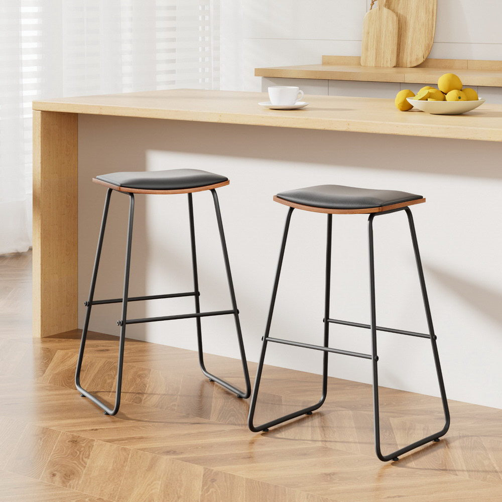 Set of 2 Backless PU Leather Bar Stools - Black and Wood