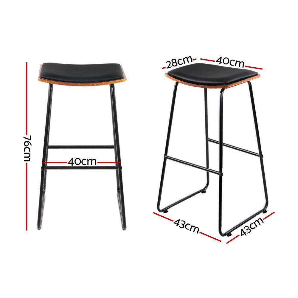 Set of 2 Backless PU Leather Bar Stools - Black and Wood