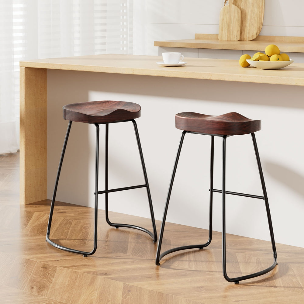 Set of 2 Elm Wood Backless Bar Stools 65cm - Black and Dark Natural