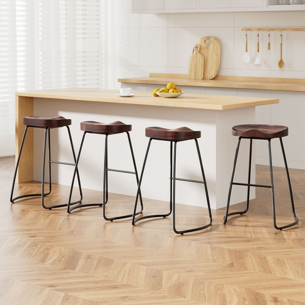 Set of 4 Elm Wood Backless Bar Stools 65cm - Black and Dark Natural