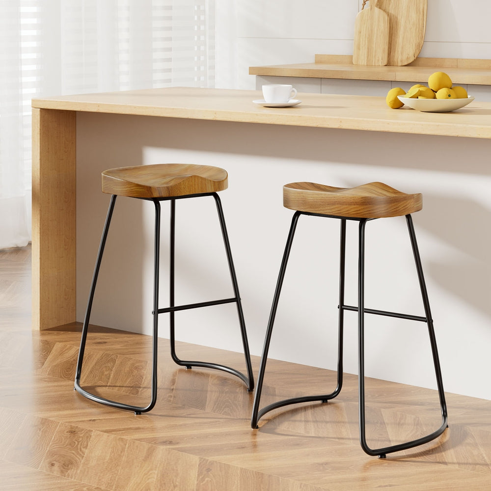 Set of 2 Elm Wood Backless Bar Stools 65cm - Black and Light Natural