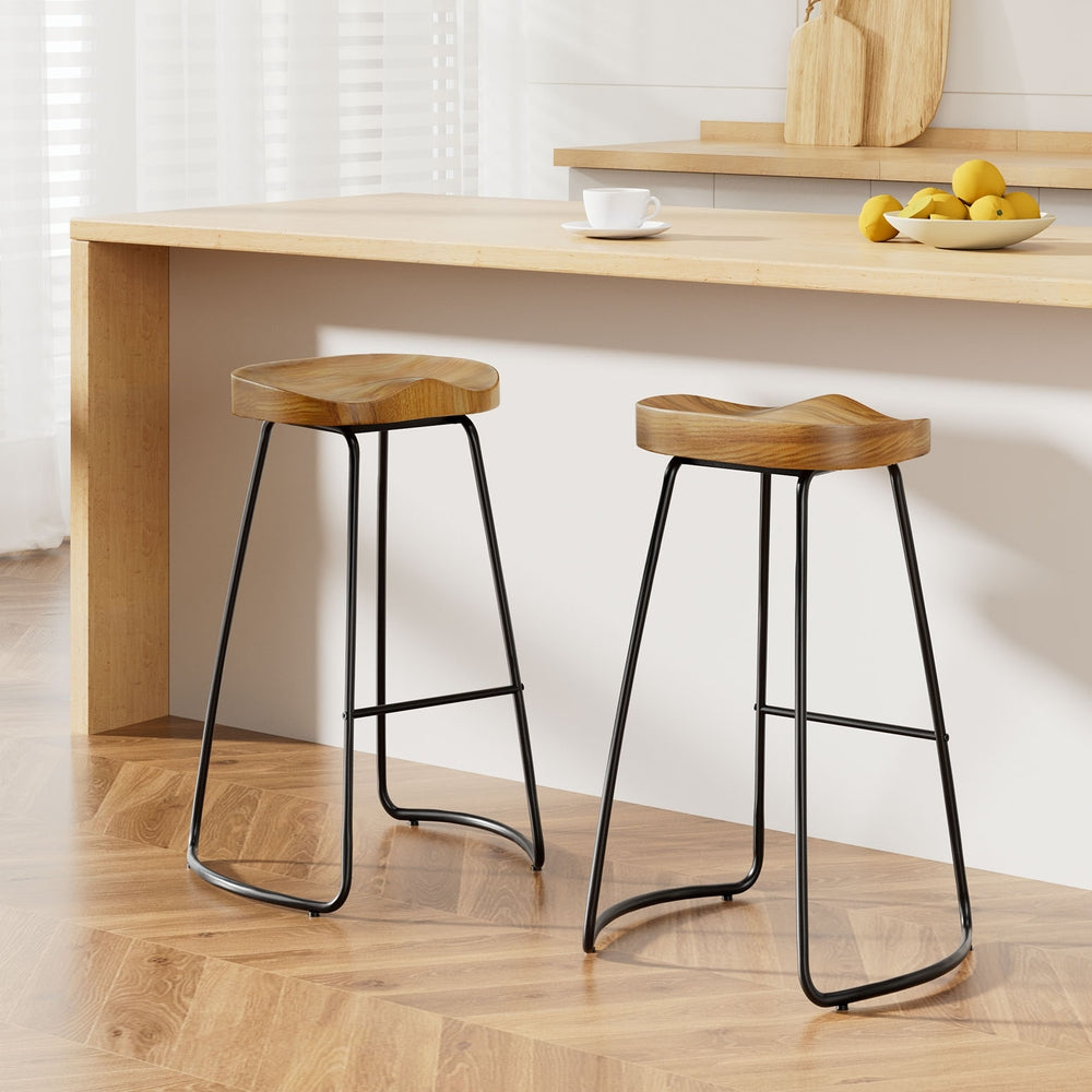 Set of 2 Elm Wood Backless Bar Stools 75cm - Black and Light Natural