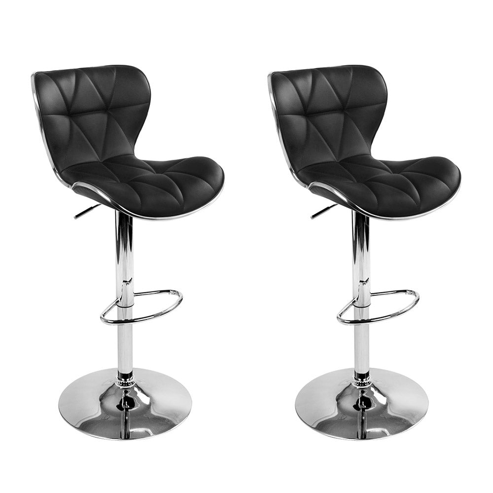 Set of 2 PU Leather Patterned Bar Stools - Black and Chrome