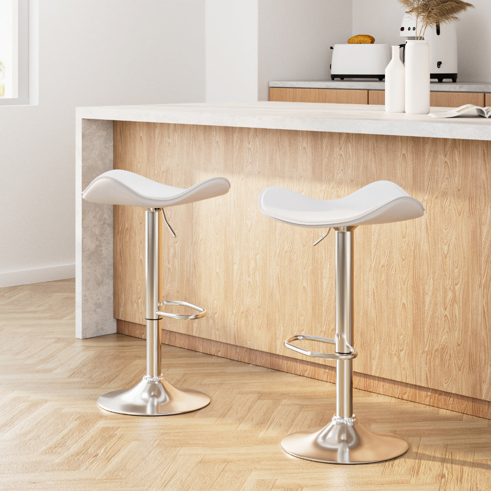 Set of 2 Gas Lift Bar Stools PU Leather - White and Chrome