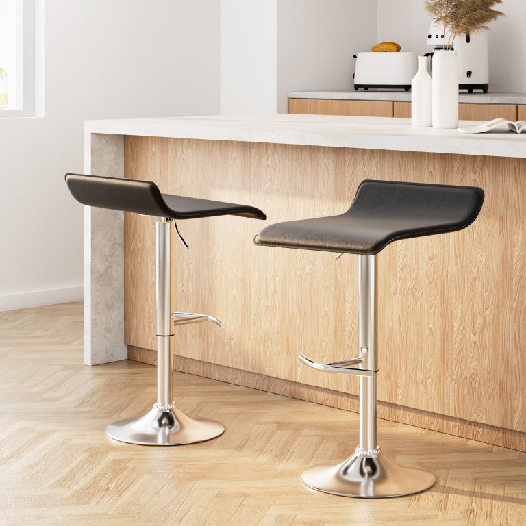 Set of 2 PU Leather Wave Style Bar Stools - Black