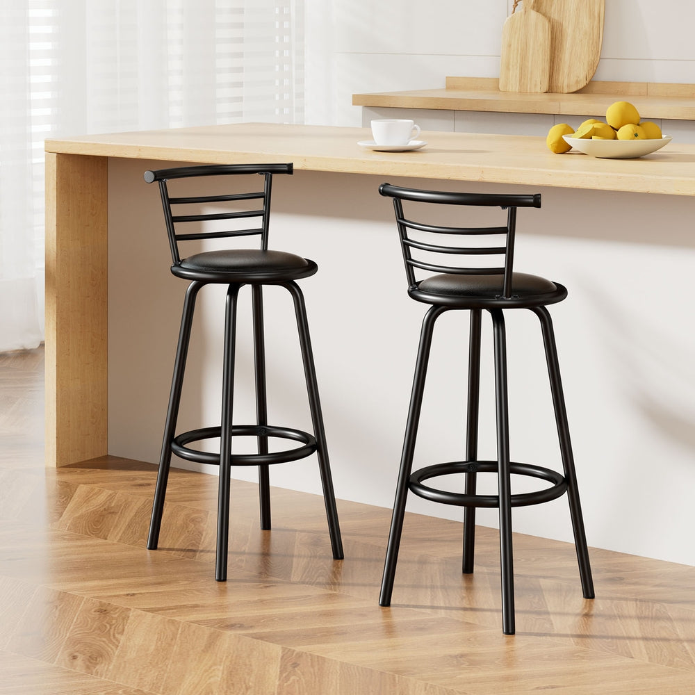 Set of 2 PU Leather Bar Stools - Black and Steel