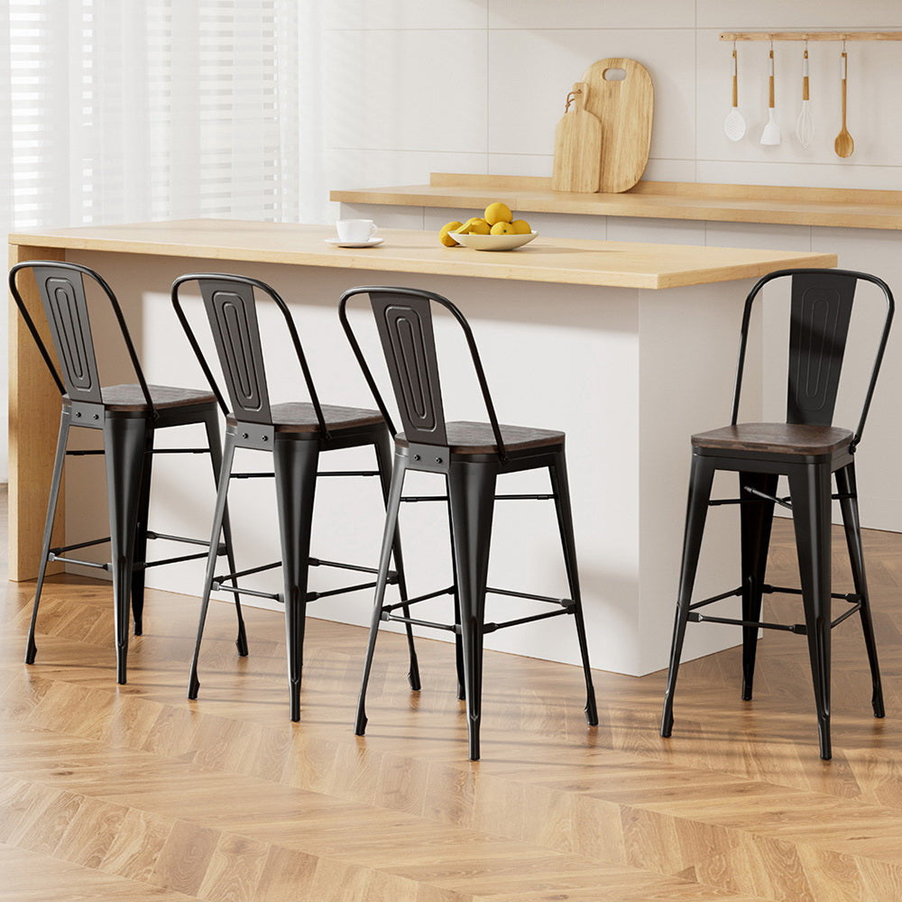 Set of 4 Torin Industrial Metal & Wooden Bar Stools – Black