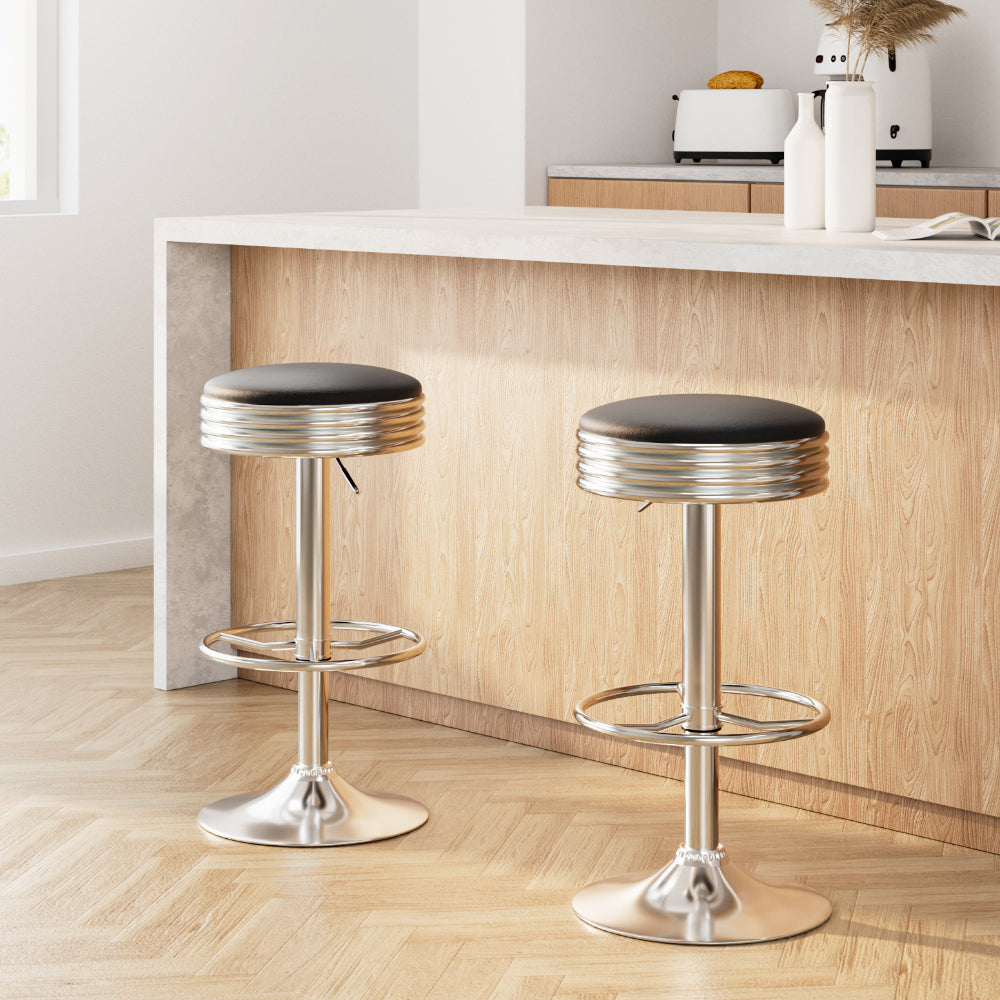 Set of Backless PU Leather Bar Stools Black and Chrome