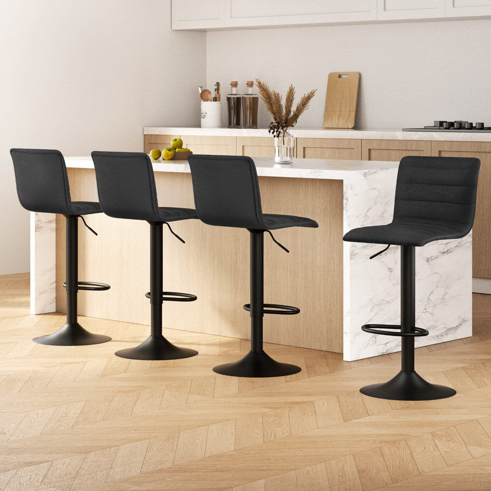 Set of 4 Faux Linen Bar Stools - Black