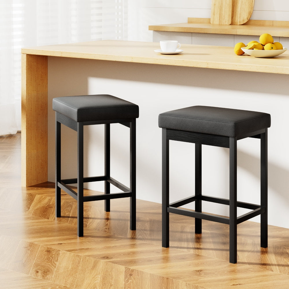 Set of 2 Ravon PU Leather Bar Stools – Black