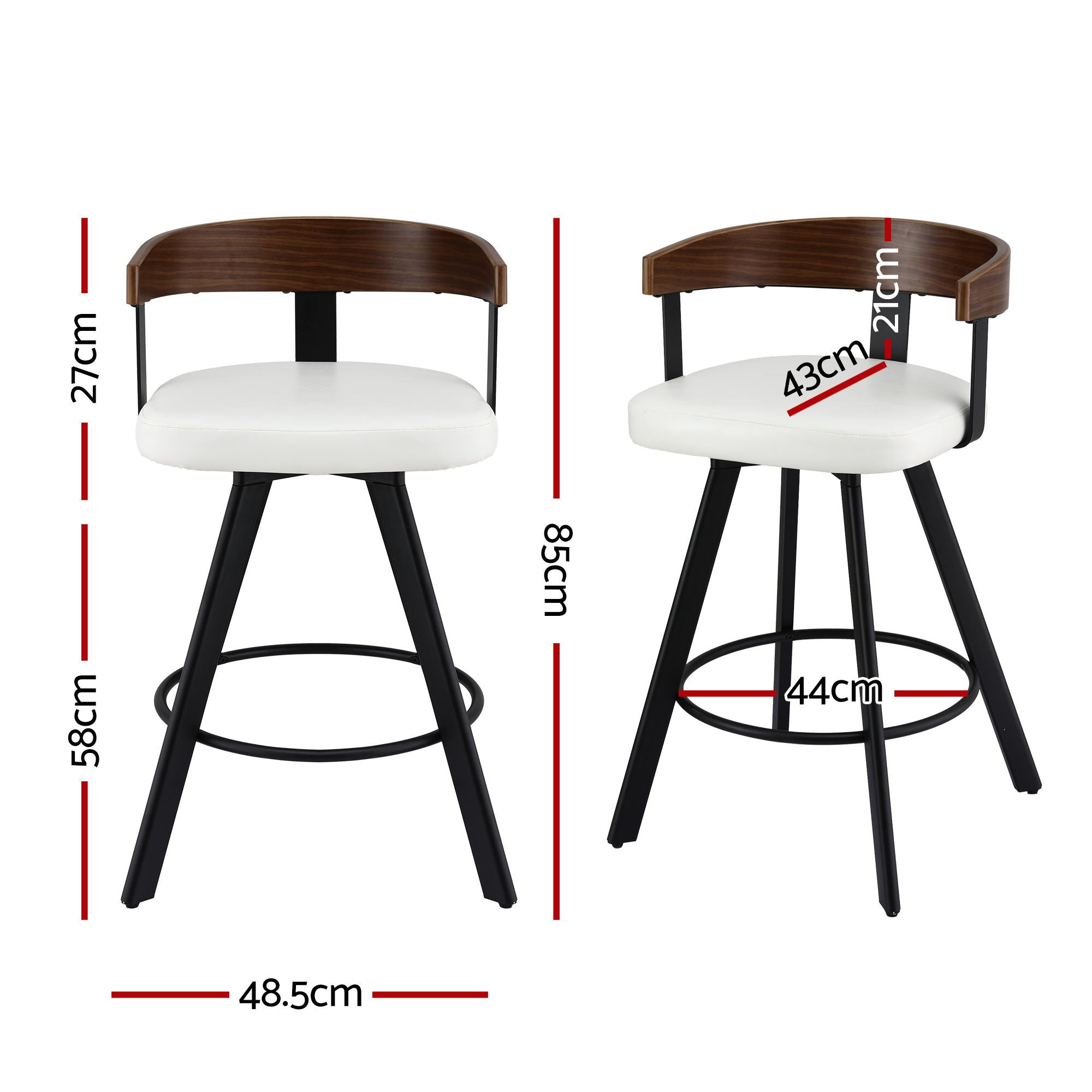 Set of 2 Swivel Bar Stools with Metal Legs and Bentwood Backrest - White