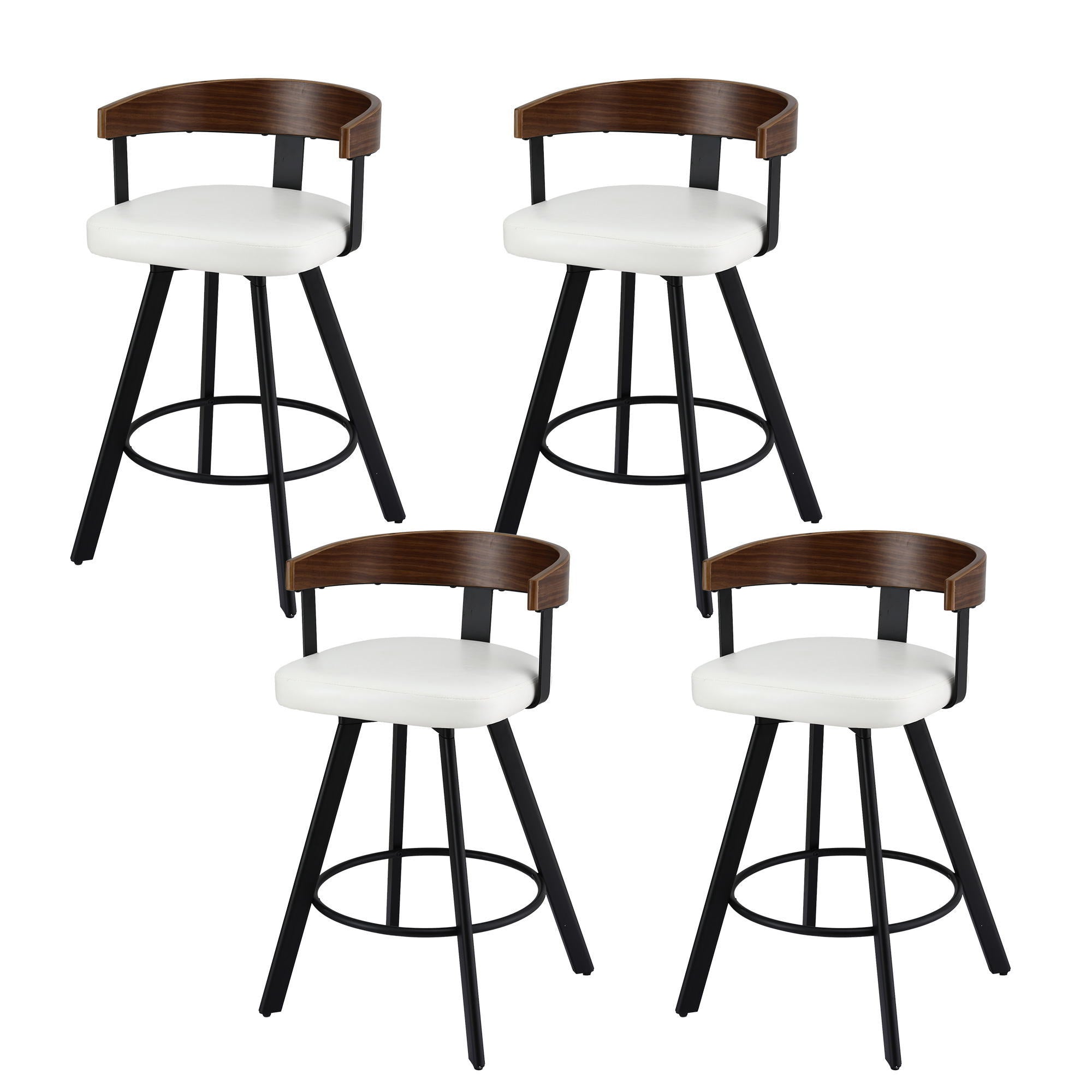 Set of 4 Swivel Bar Stools with Bentwood Back and Metal Legs - White