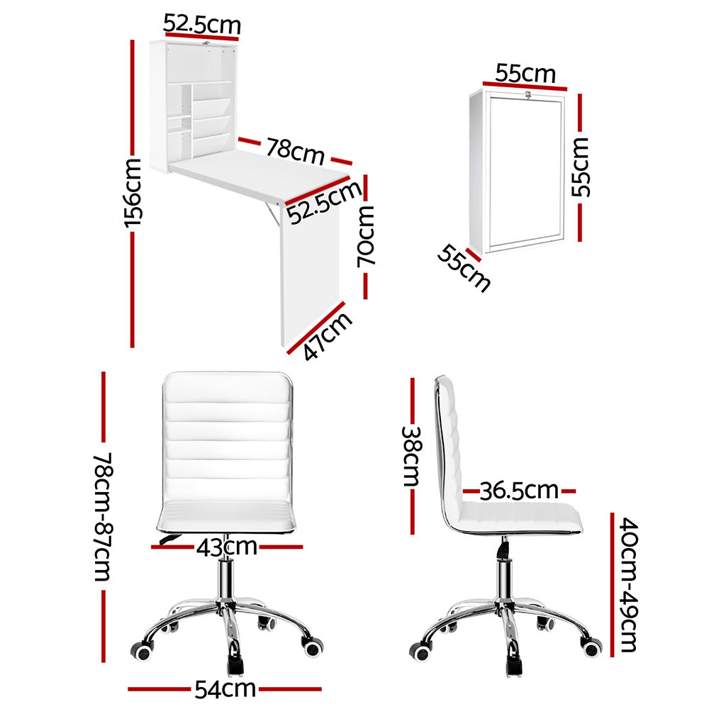 Computer Desk Office Chair Set PU Leather Wall Mount Foldable Table White