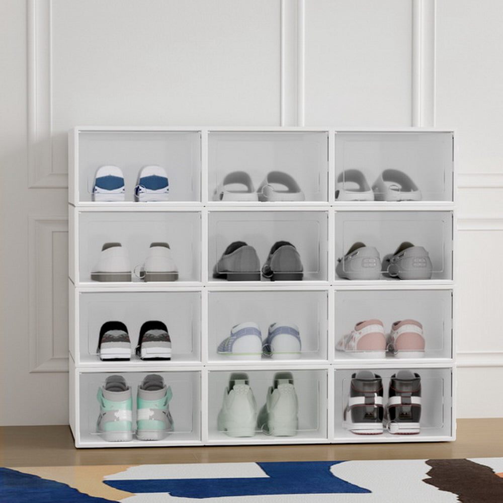Set of 12 Foldable & Stackable Shoe Storage Boxes – Clear & White