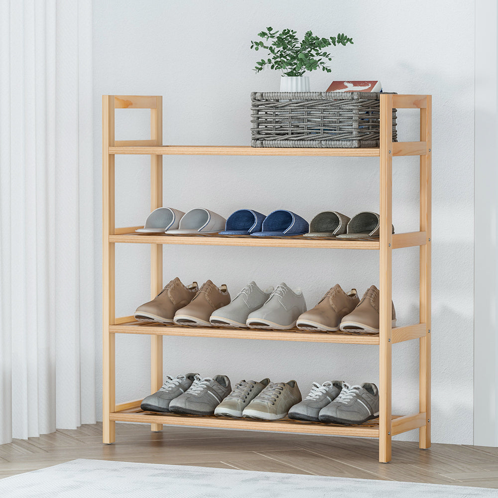 4-Tier Pine Weaved Shoe Rack – Natural Finish